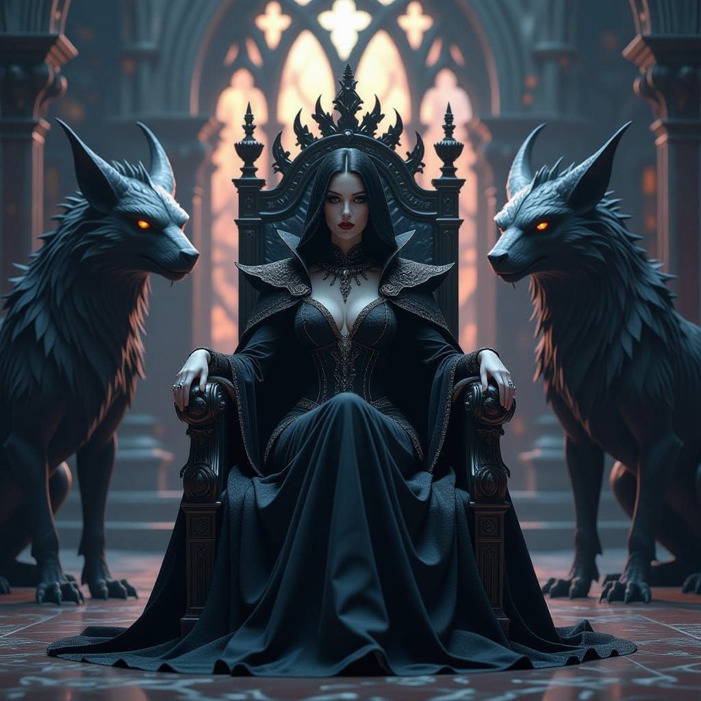 Gothic Goddess on Zeolite Throne with Majestic Manticores in...