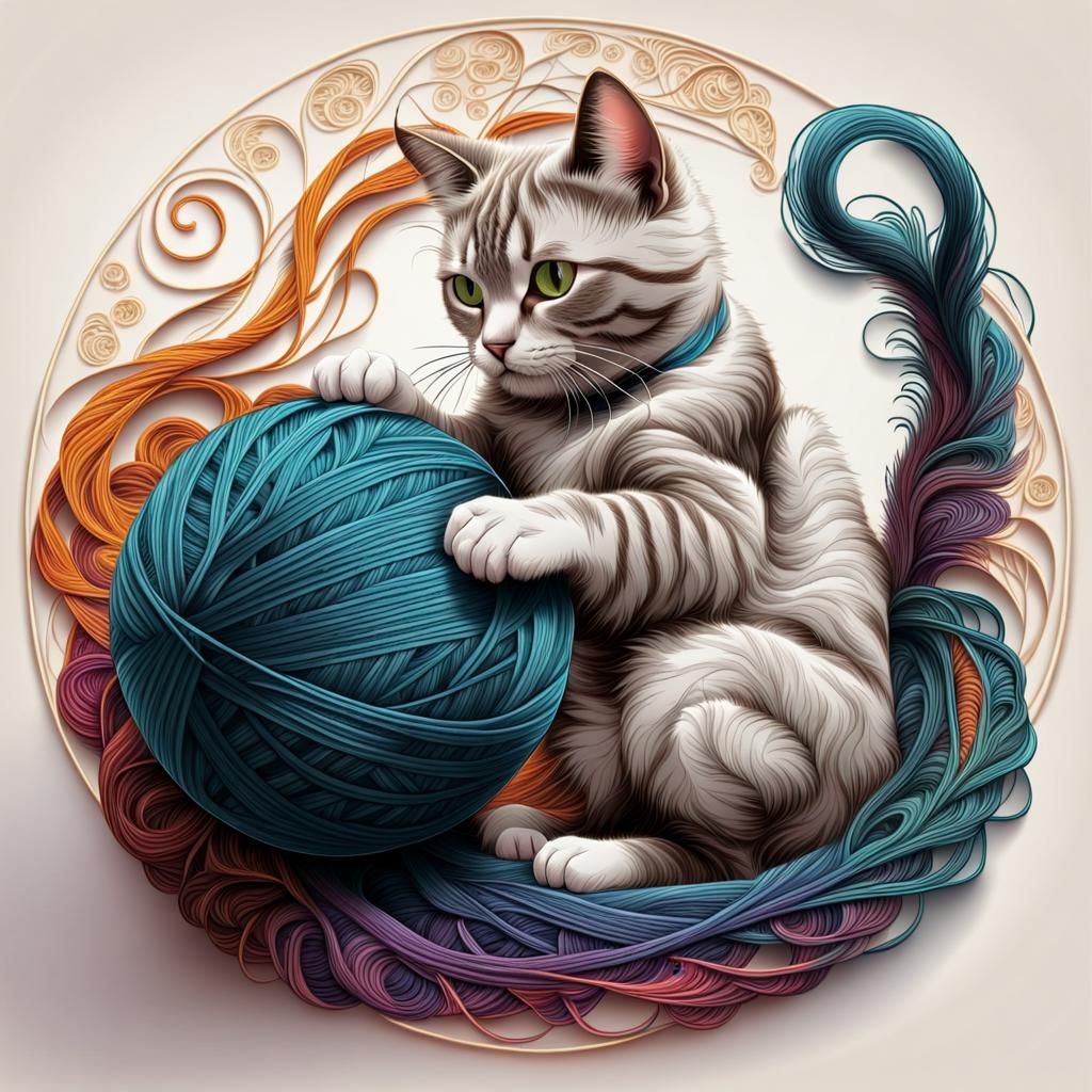 Embroidered Cat with Yarn in Abstract Style