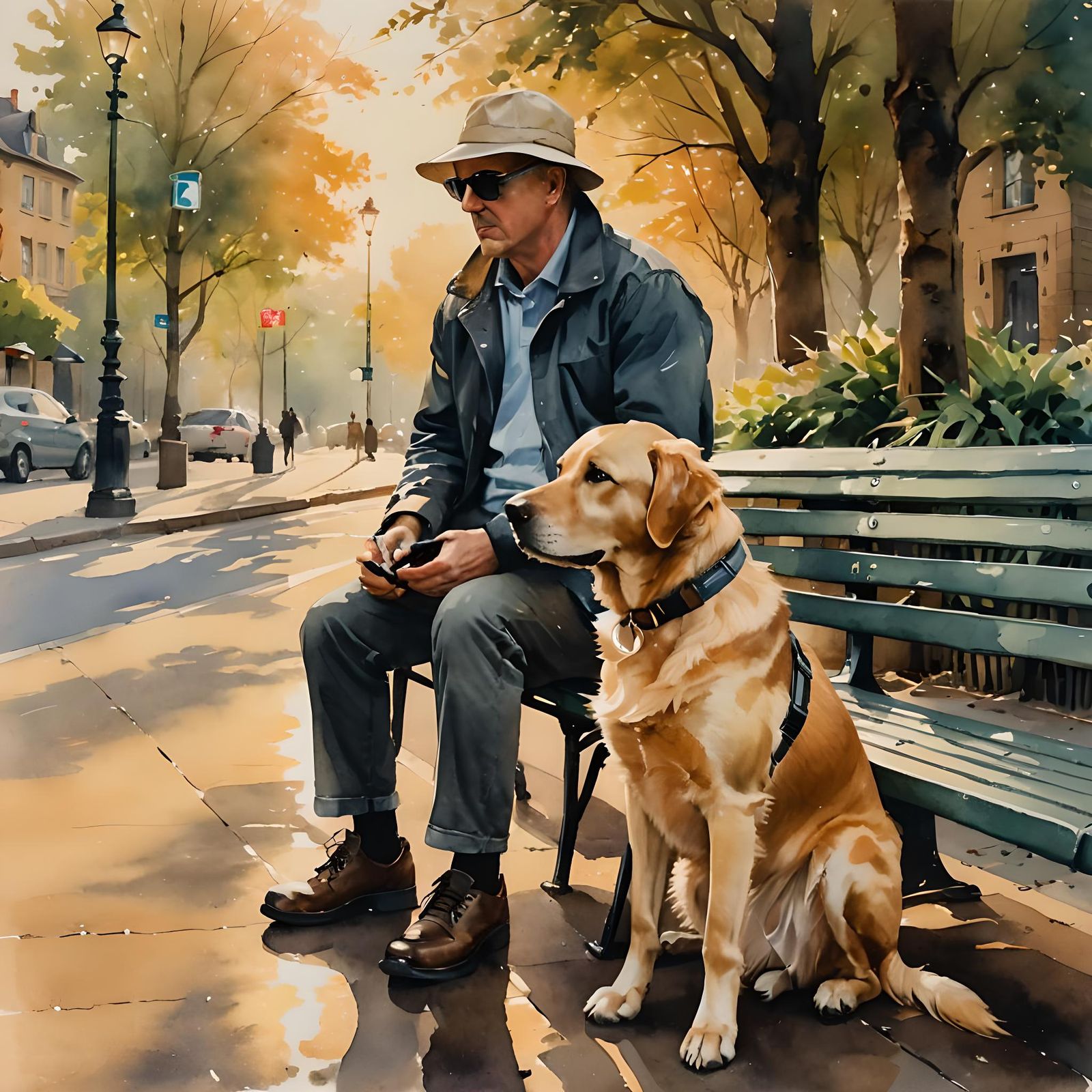 Tenderness Between a Blind Man and His Dog in Watercolor