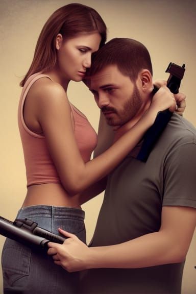 Dramatic Embrace: Woman Points Gun - Digital Portrait