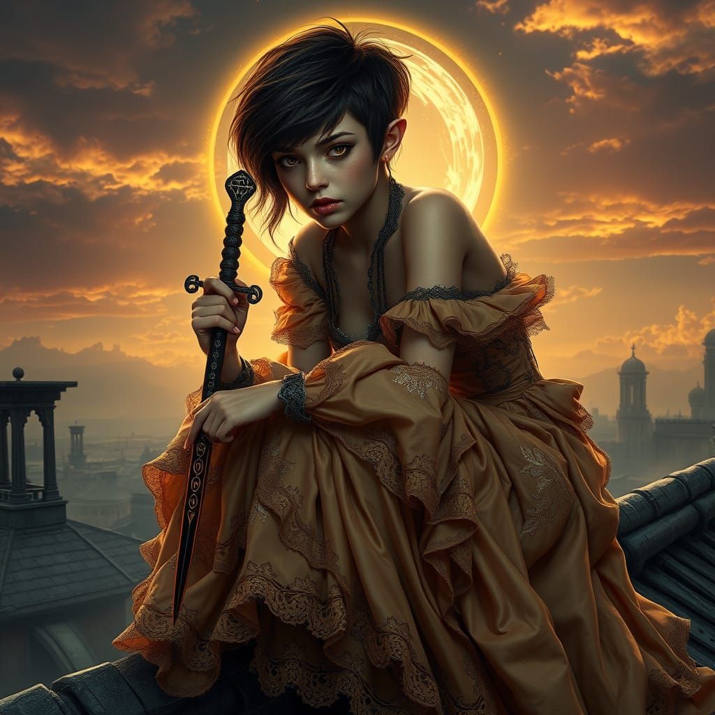 Dark Fantasy Warrior in Majestic Gown with Obsidian Daggers