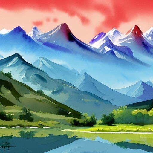 Gouache Style Mountain Vista in Watercolor