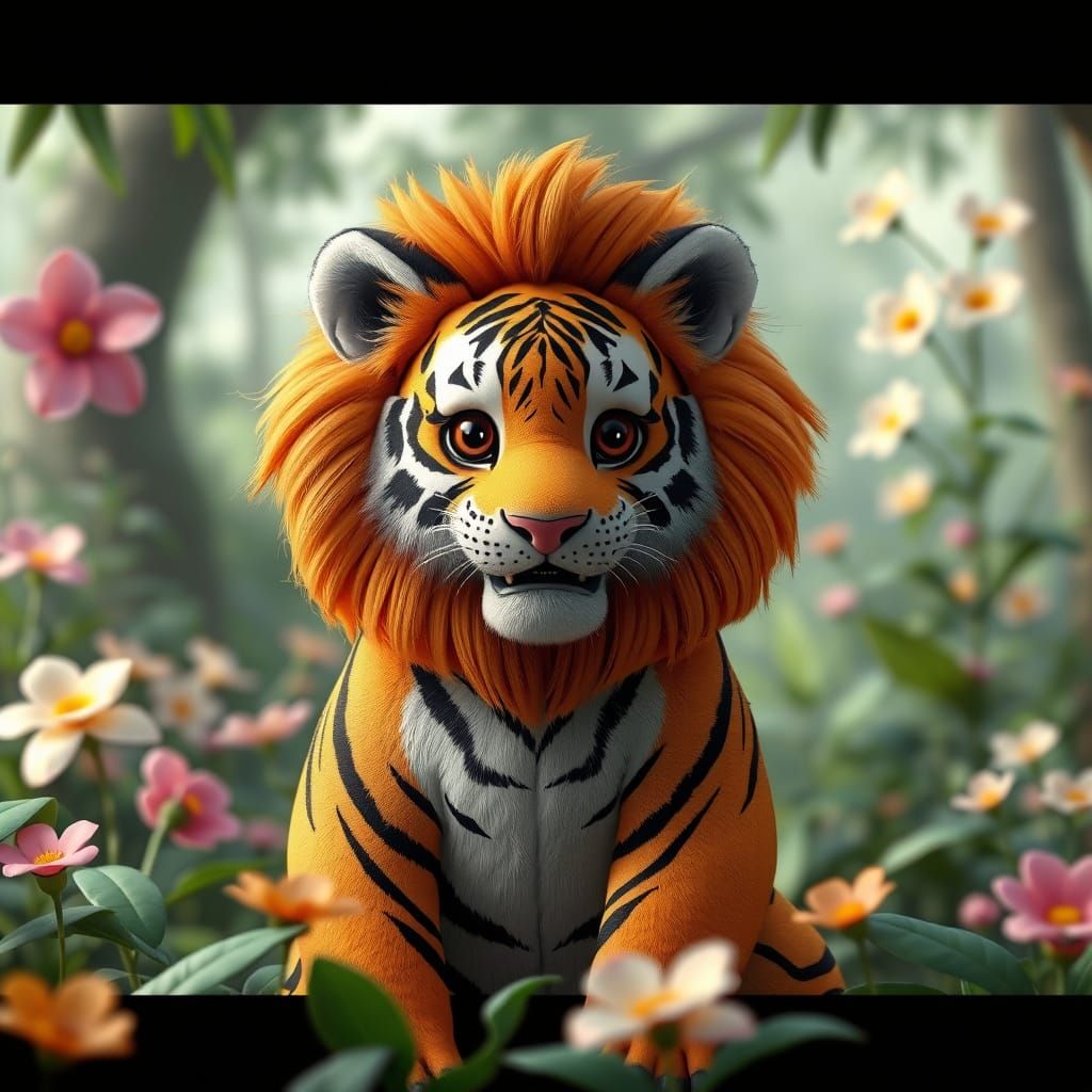 Tiger Wearing a Cute Lion Costume in a Jungle