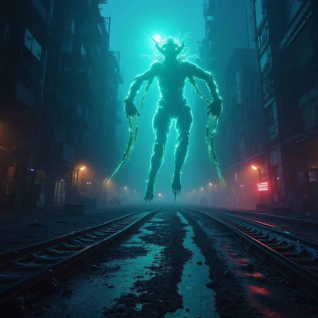 Glowing Radioactive Entity in Neon Green and Blue Cyberpunk ...