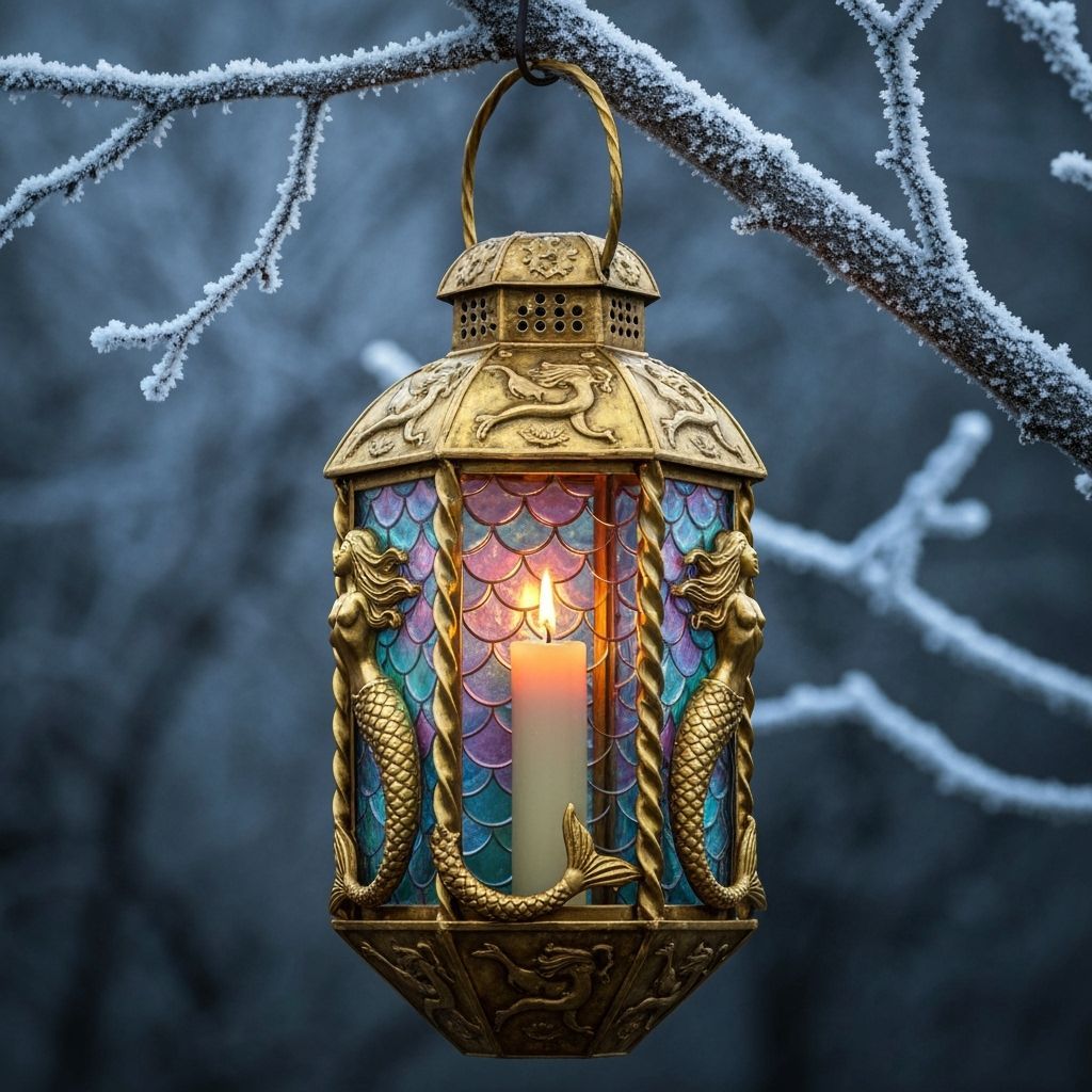 Mermaid Lantern on Frosty Branch in Pastel Glass