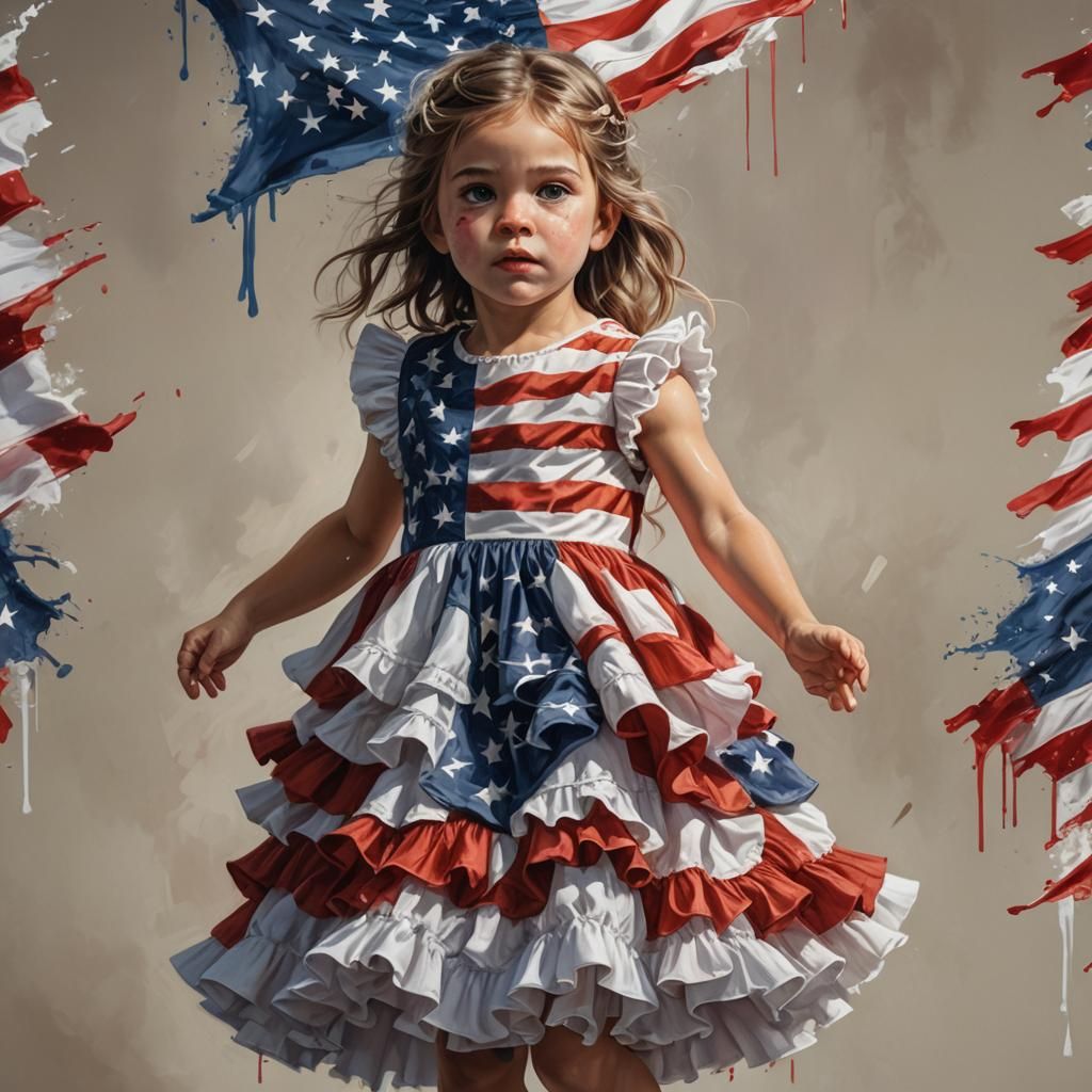 Little Girl with US Flag in Hyperrealistic Style