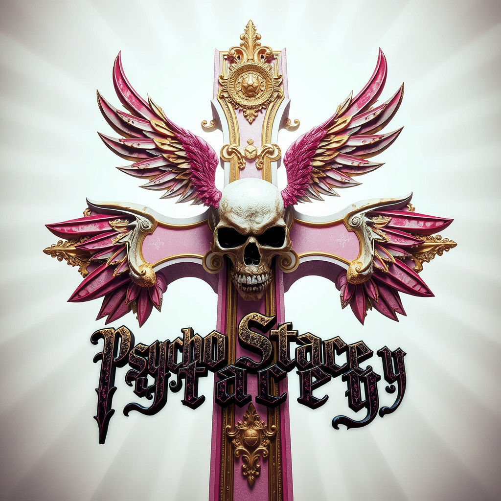 Ornate Pink and Gold Cross with Winged Skull