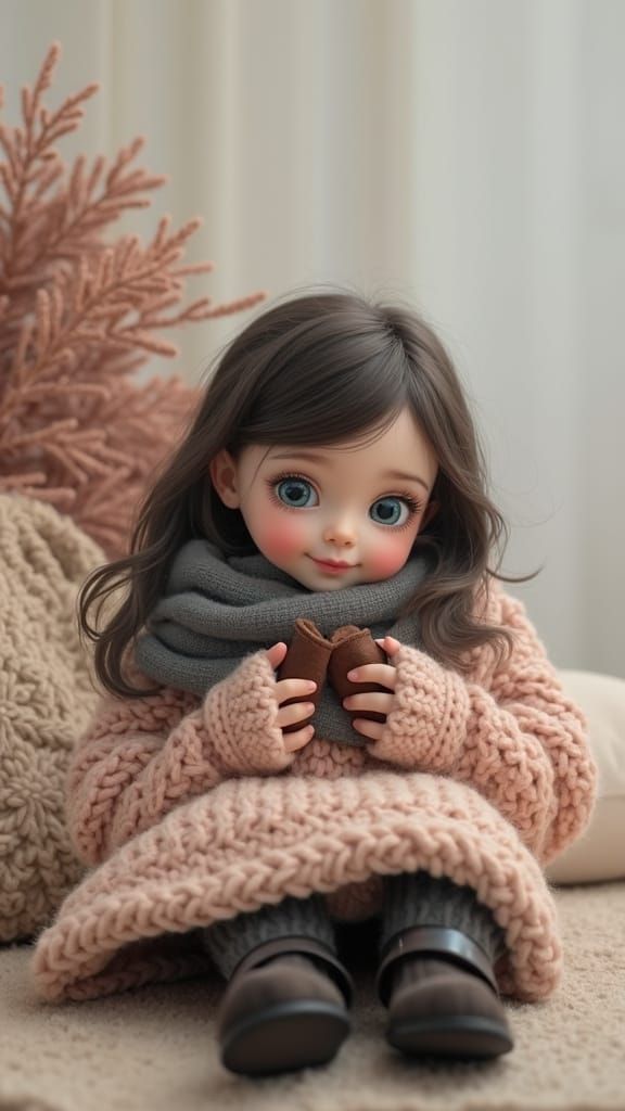 Eurasian Girl Sits Cosily by the Fireplace