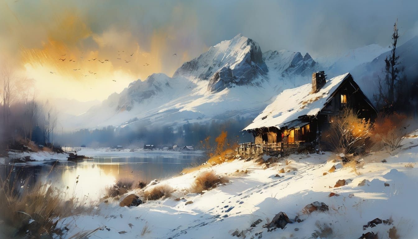 Winter Mountain Watercolor Painting at Sunrise