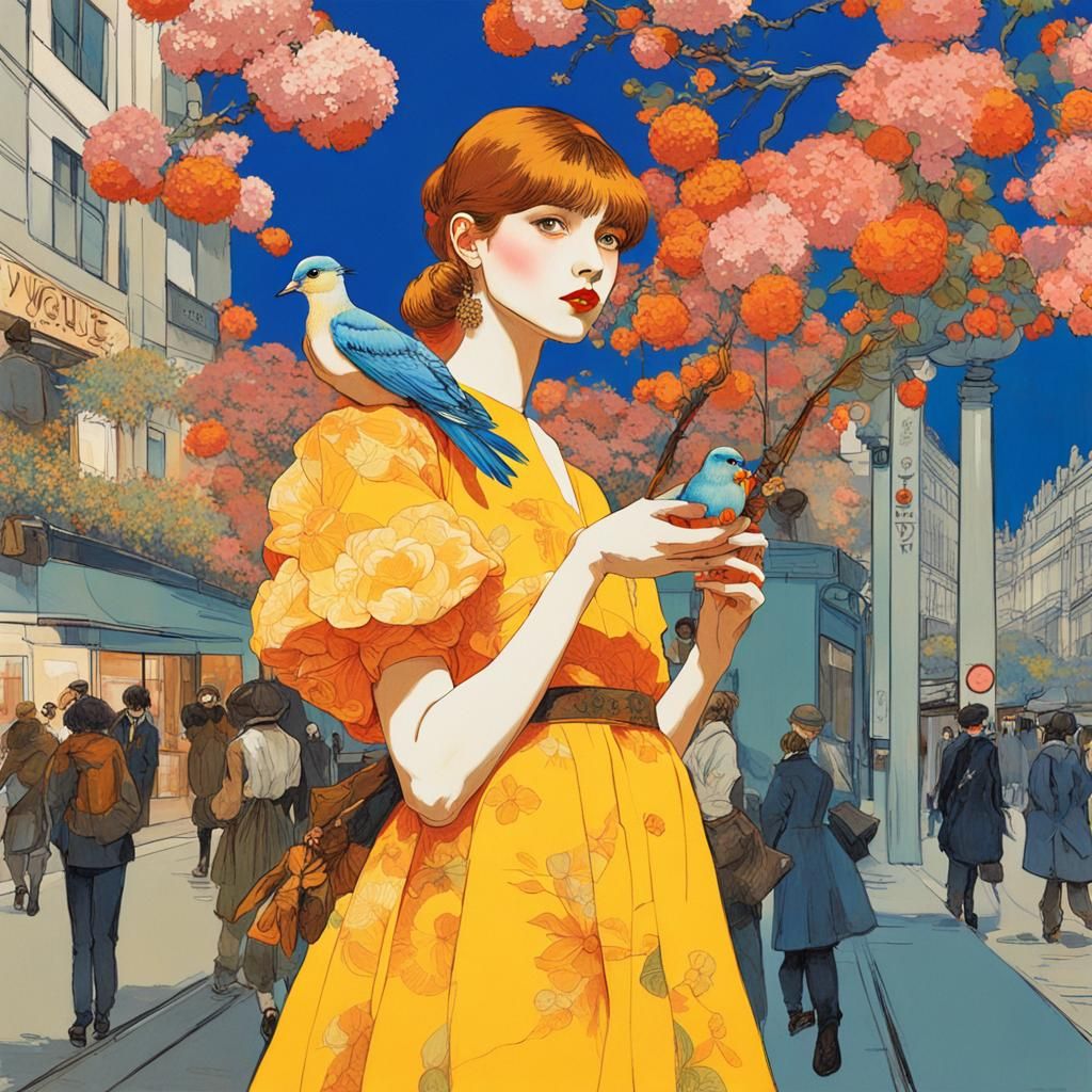 Fashionable Woman with Bird, Art Nouveau Style