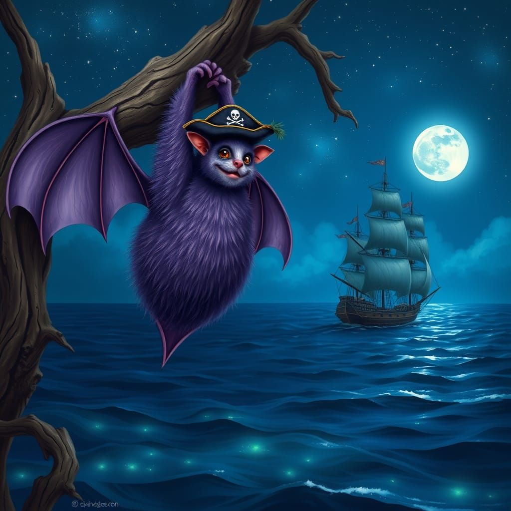 Regal Purple Pirate Bat on Branch Over Ocean