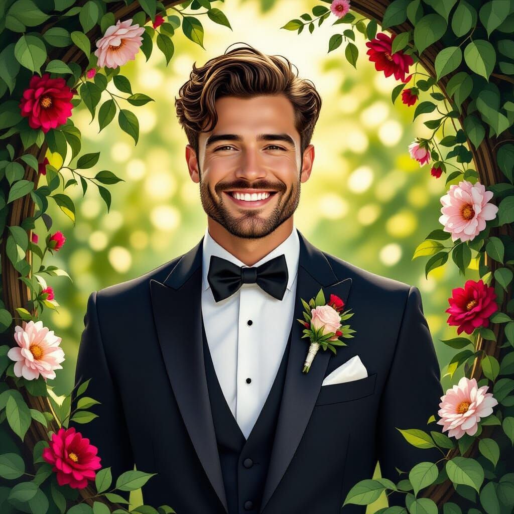 Romantic Groom in Lush Garden, Golden Lighting
