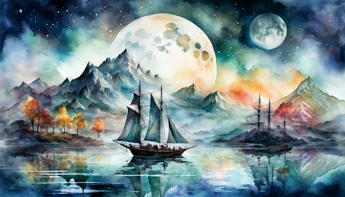Watercolor Double Exposure Landscape with Ghostly Ship