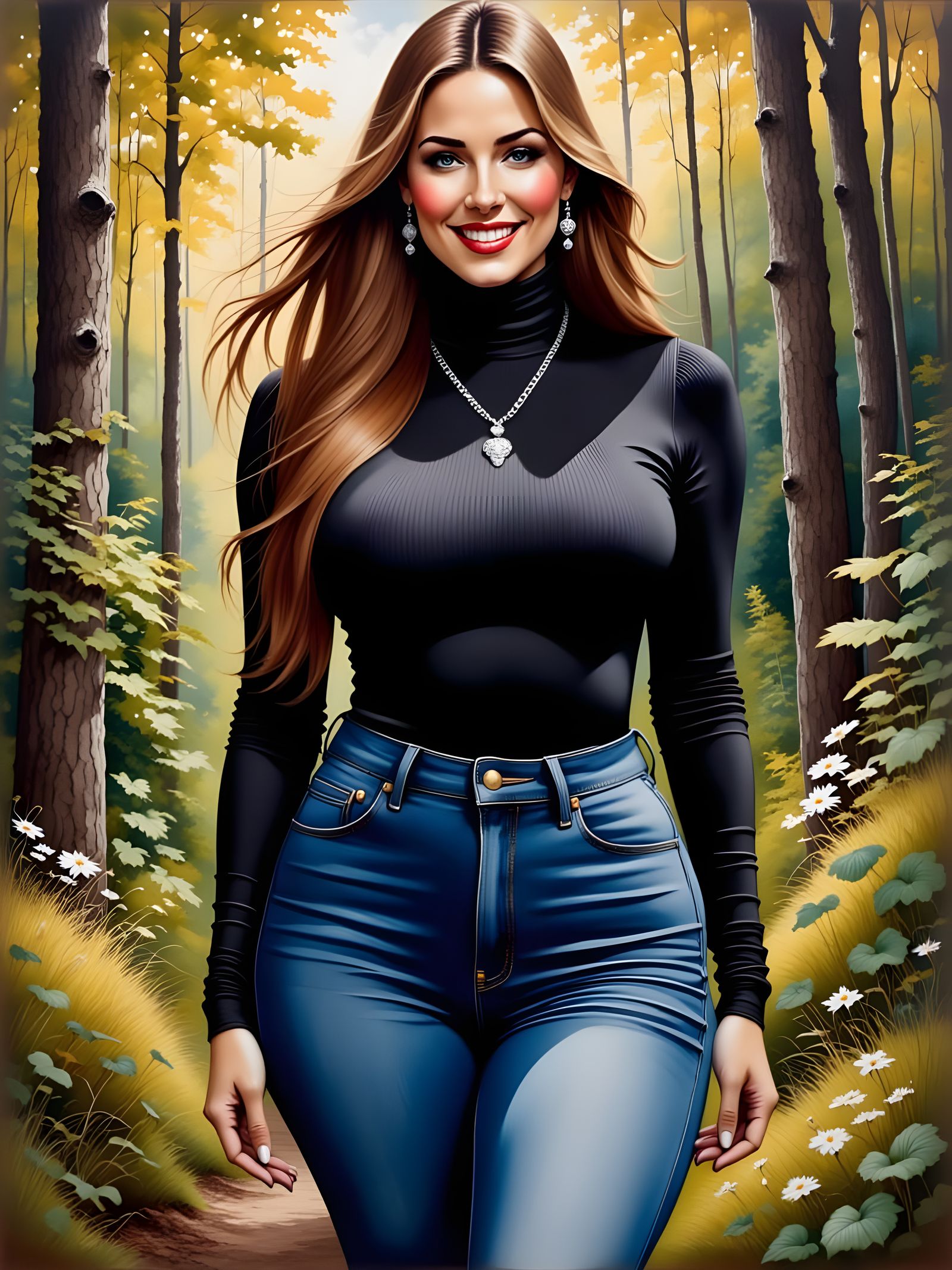 Woman in Forest: Detailed Oil Painting Portrait