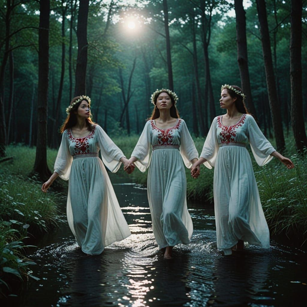 Moonlit Slavic Goddesses Dance Under Starry Skies