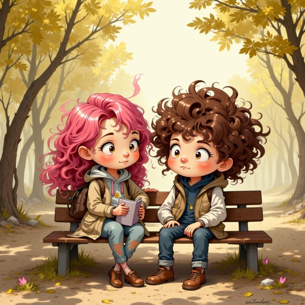 Charming Duo on Park Bench in Storybook Style