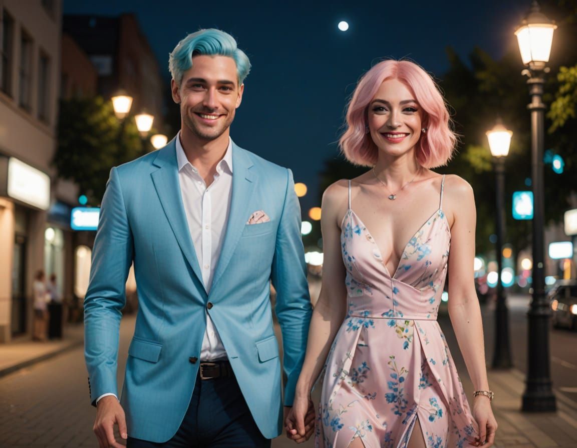 Crossdresser with Pink Hair and Boyfriend at Night