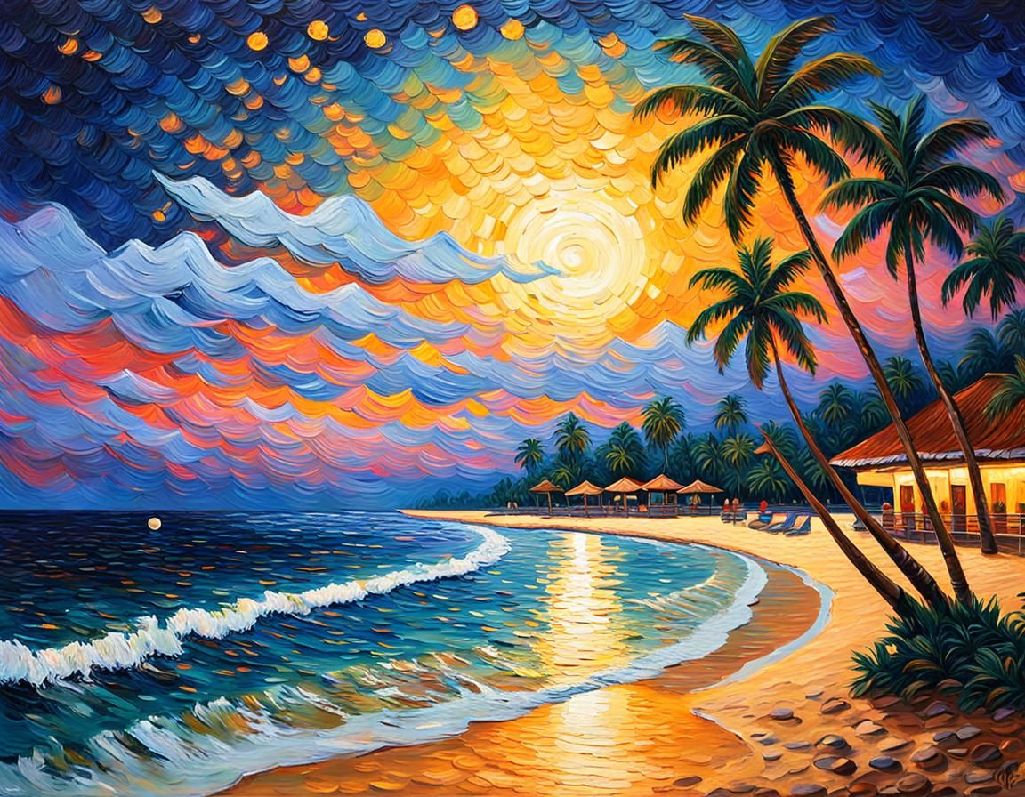 Tropical Beach at Night: Neo-Impressionist Acrylic Painting