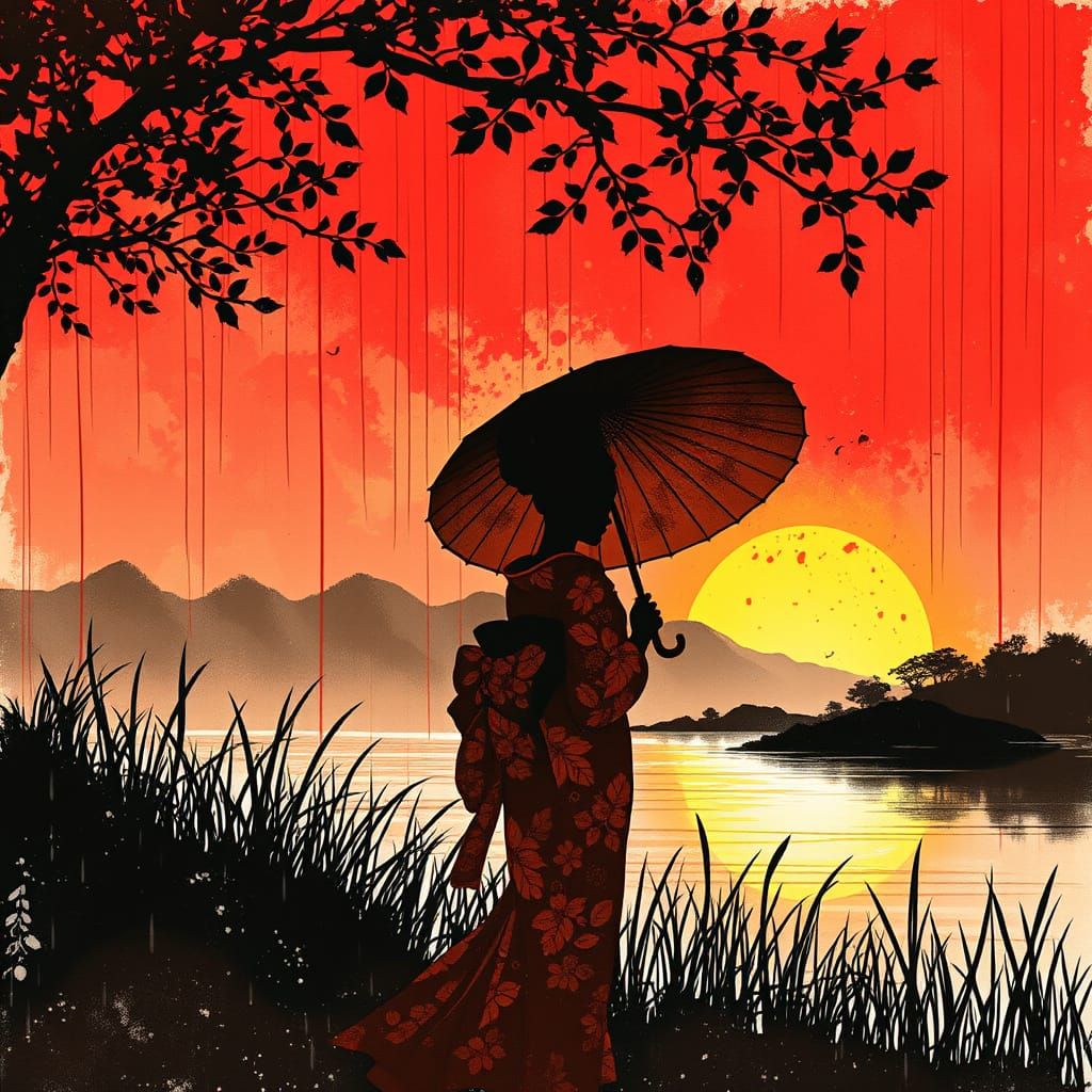Dramatic Red and Black Geisha Silhouette in Rainy Sunset