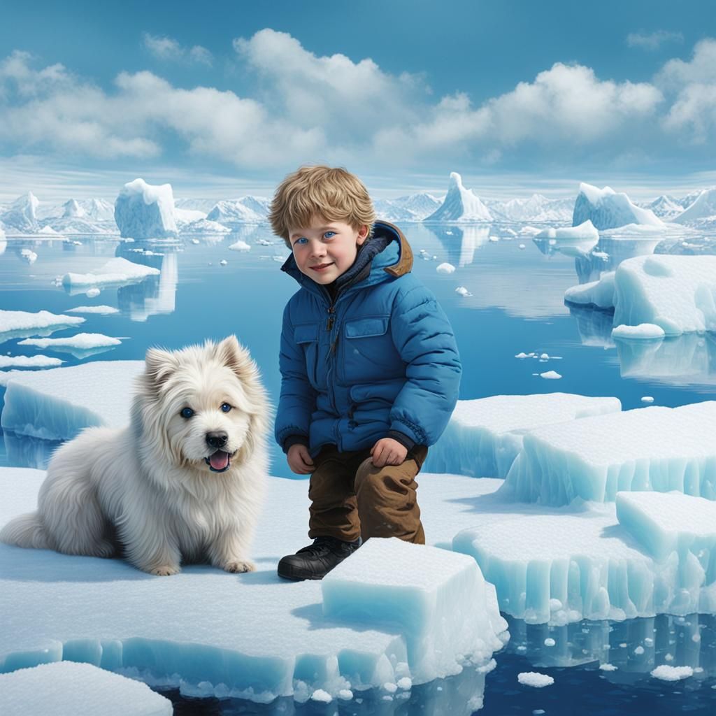 Boy and Dog on Arctic Ice Floe: Digital Art