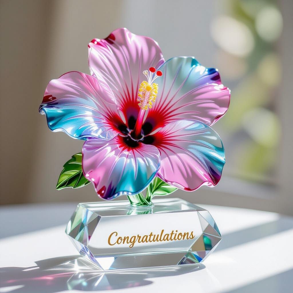 Glass Hibiscus Flower Statue on Crystal Base