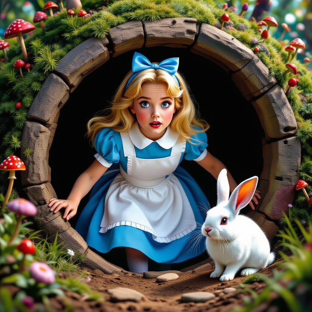 Alice Follows White Rabbit Down Hole in Surreal Style