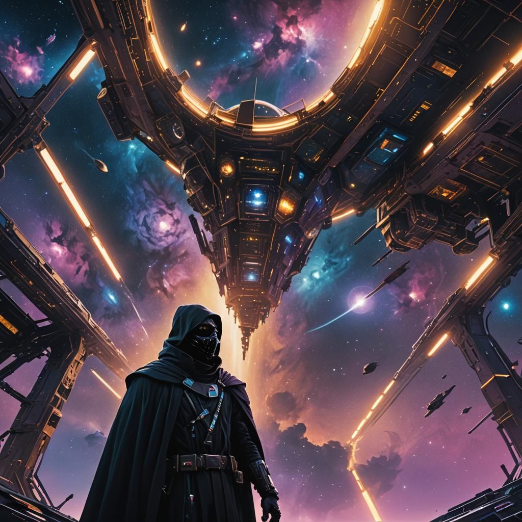 Galaxy Assassin Overlooking Nebula in Dark Fantasy Style