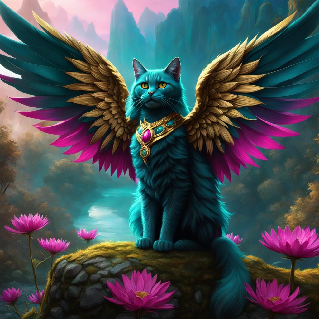 Winged Cat in Teal, Magenta, and Gold
