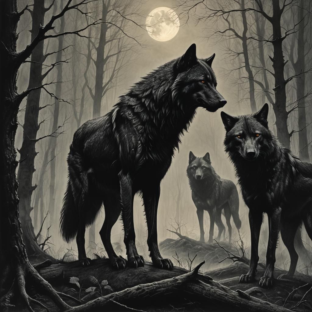 Black Wolves in Misty Forest, Charcoal Drawing