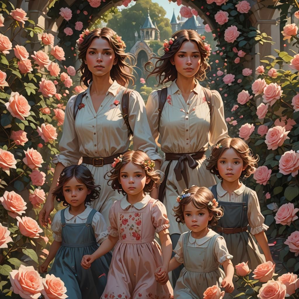 Mother and Children in Rose Garden: Digital Art Portrait