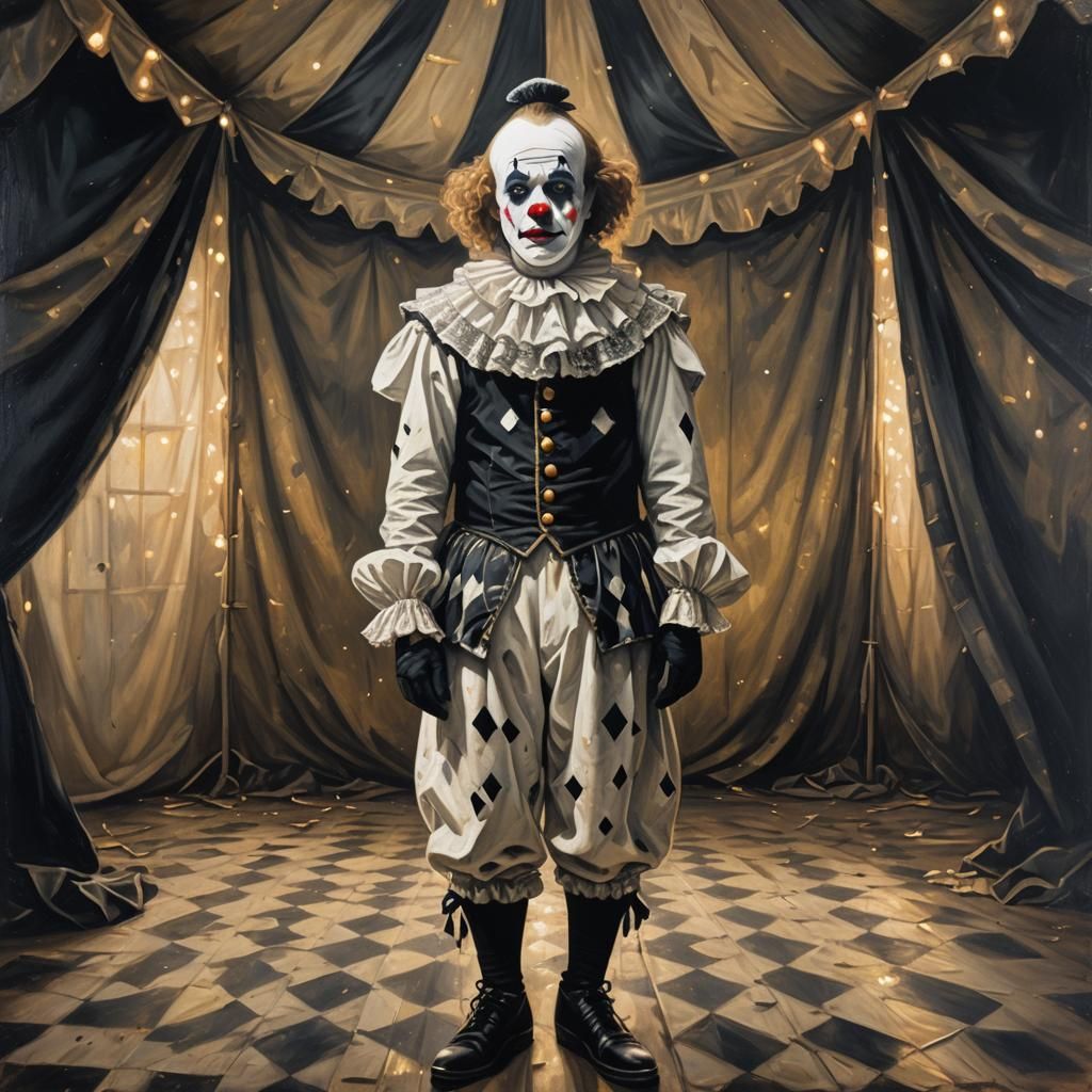 Melancholy Pierrot Clown in Abandoned Circus Tent
