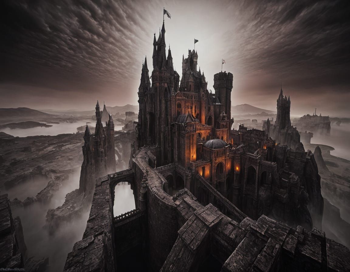 Surreal Castle with Drawbridges in Dark Style