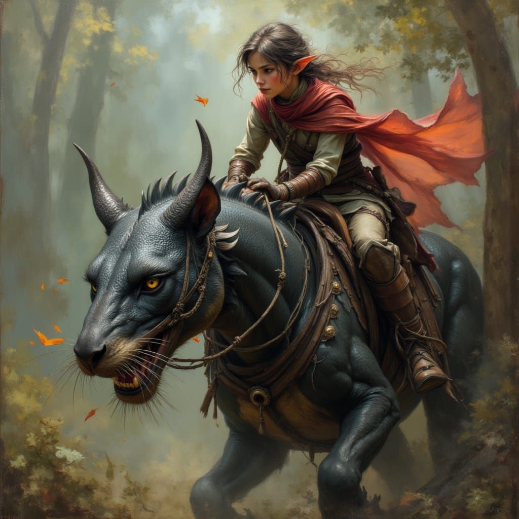 Panther-dragon hybrid being ridden by a young elf rider