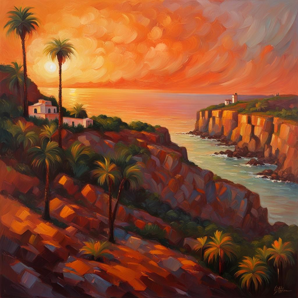 Coastal Spanish Mission in Neo-Impressionist Oil Painting