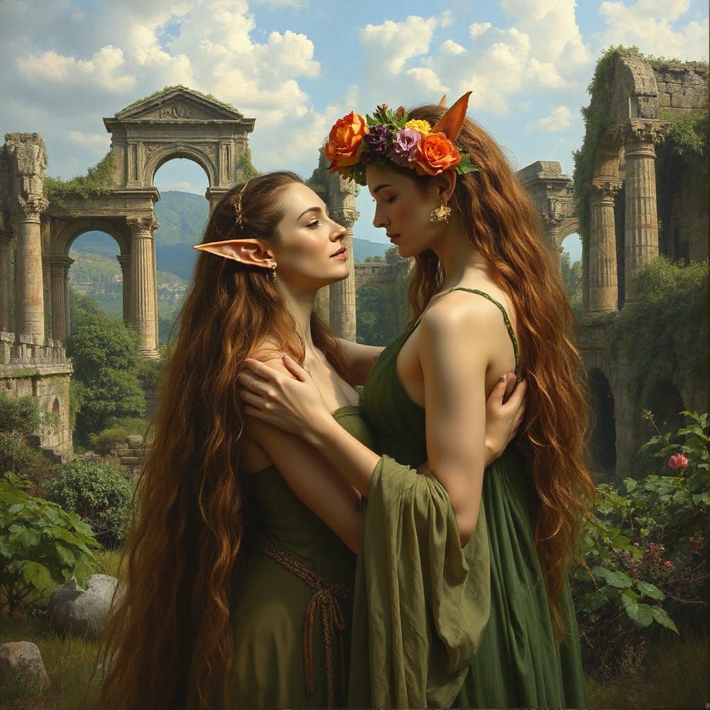 Elven Women Embrace in Ancient Ruins: Oil Painting