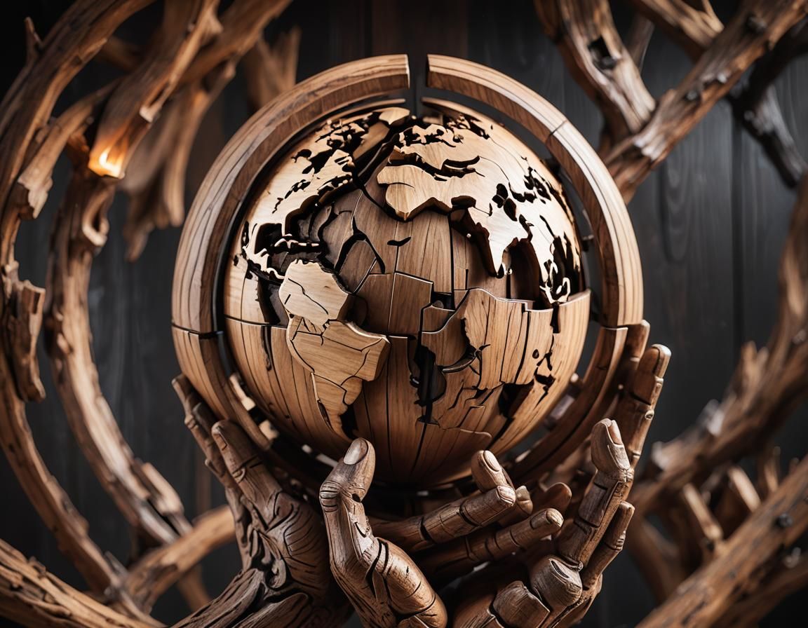 Wooden Globe Cradled in Wooden Hands: Macro Photography