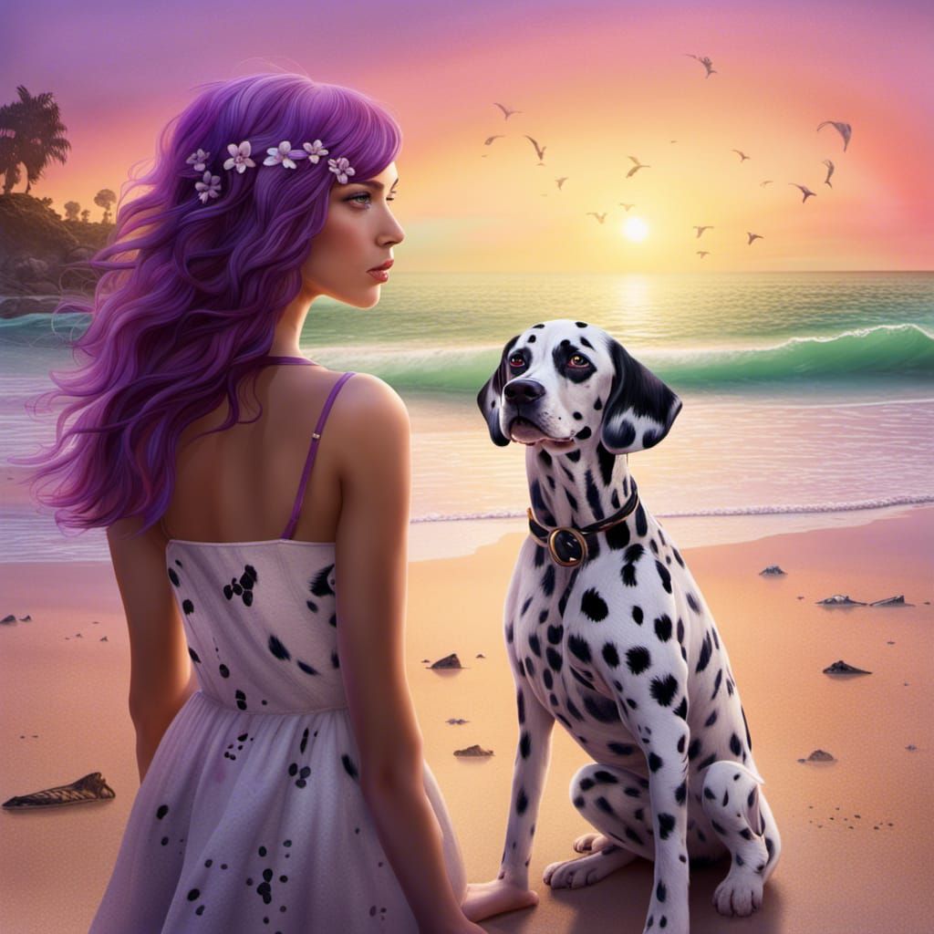Girl with Dalmatian at Sunset: Digital Matte Painting