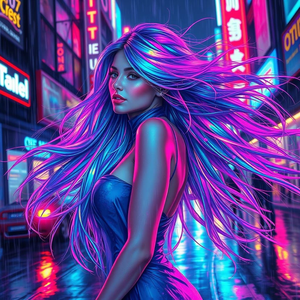 Ethereal Woman Dances in Neon-Lit Cyberpunk City