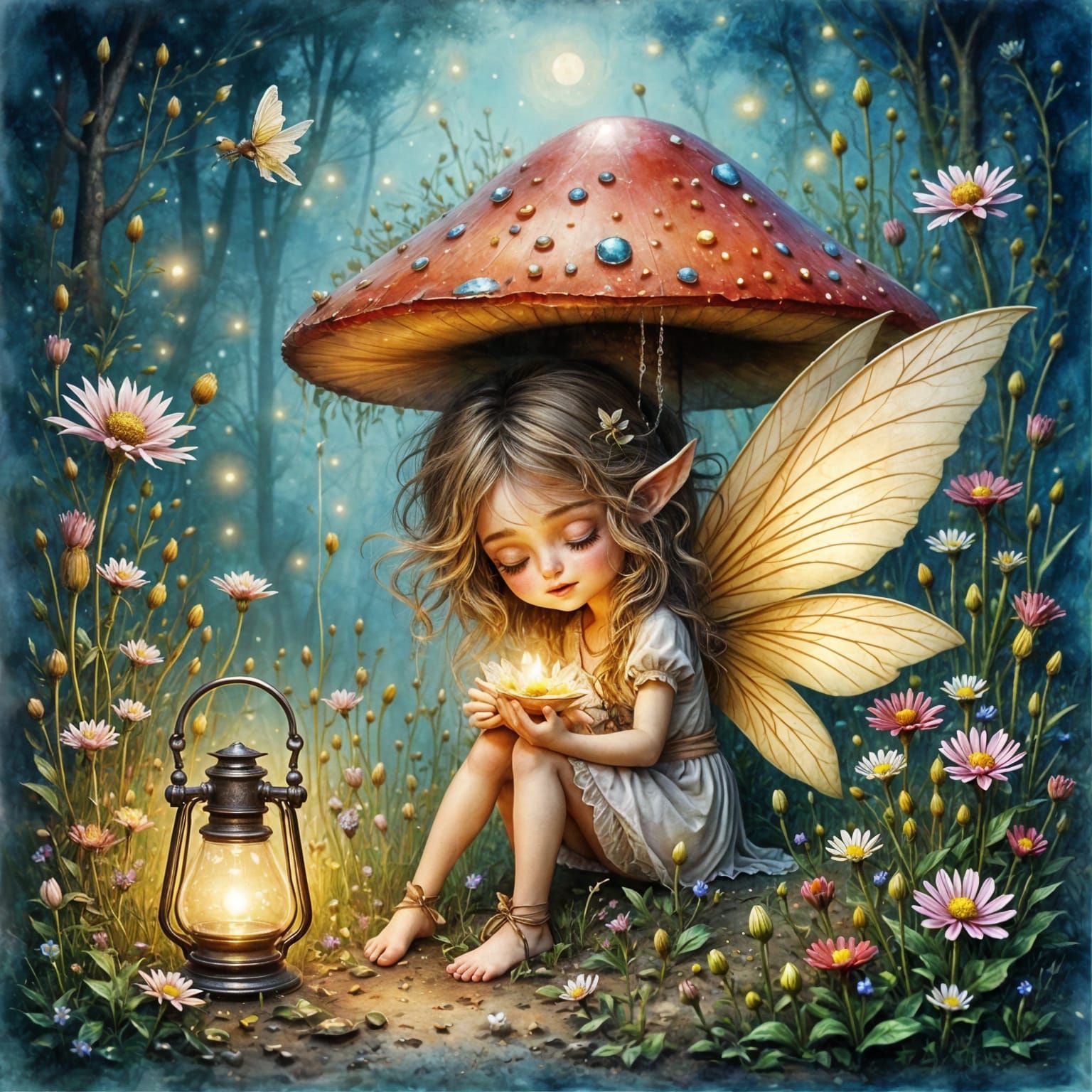 Cute Fairy with Oil Lamp Under Toadstool