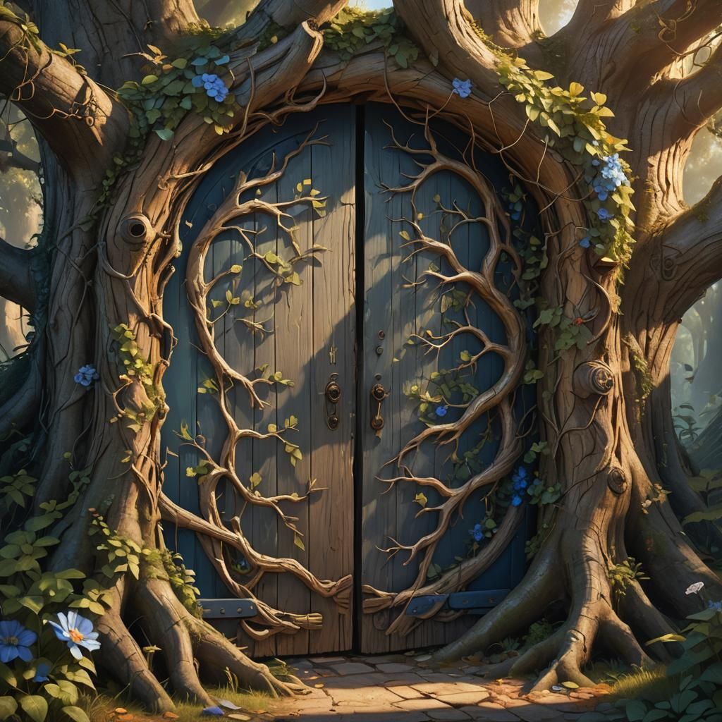 Enchanted Tree Stump Door in a Mystical Forest