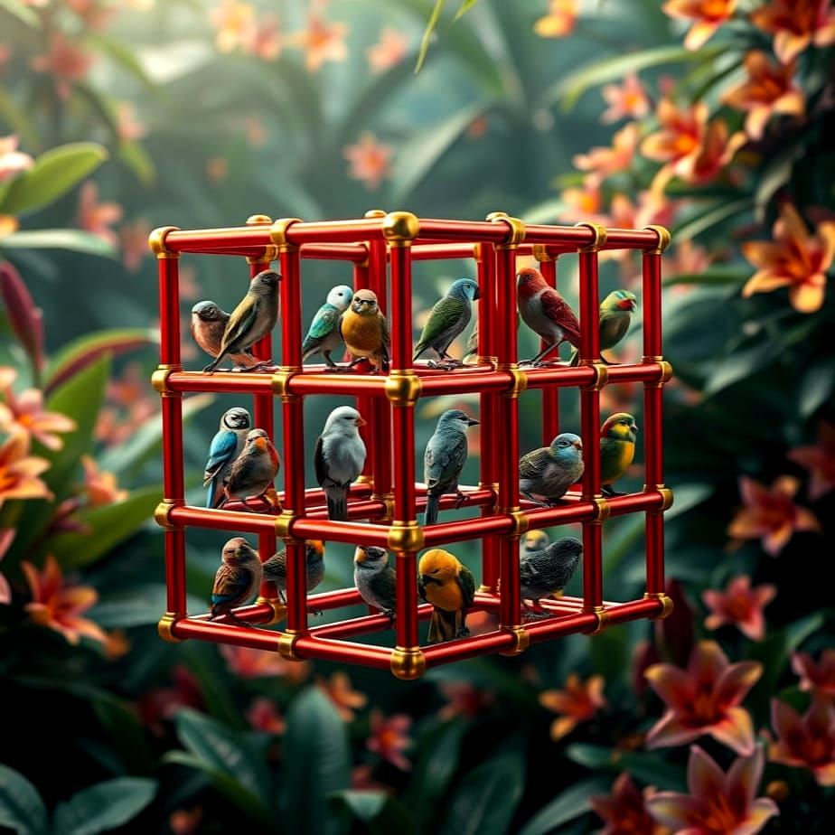 Hyperrealistic Bird Cage Rubik's Cube in Tropical Jungle