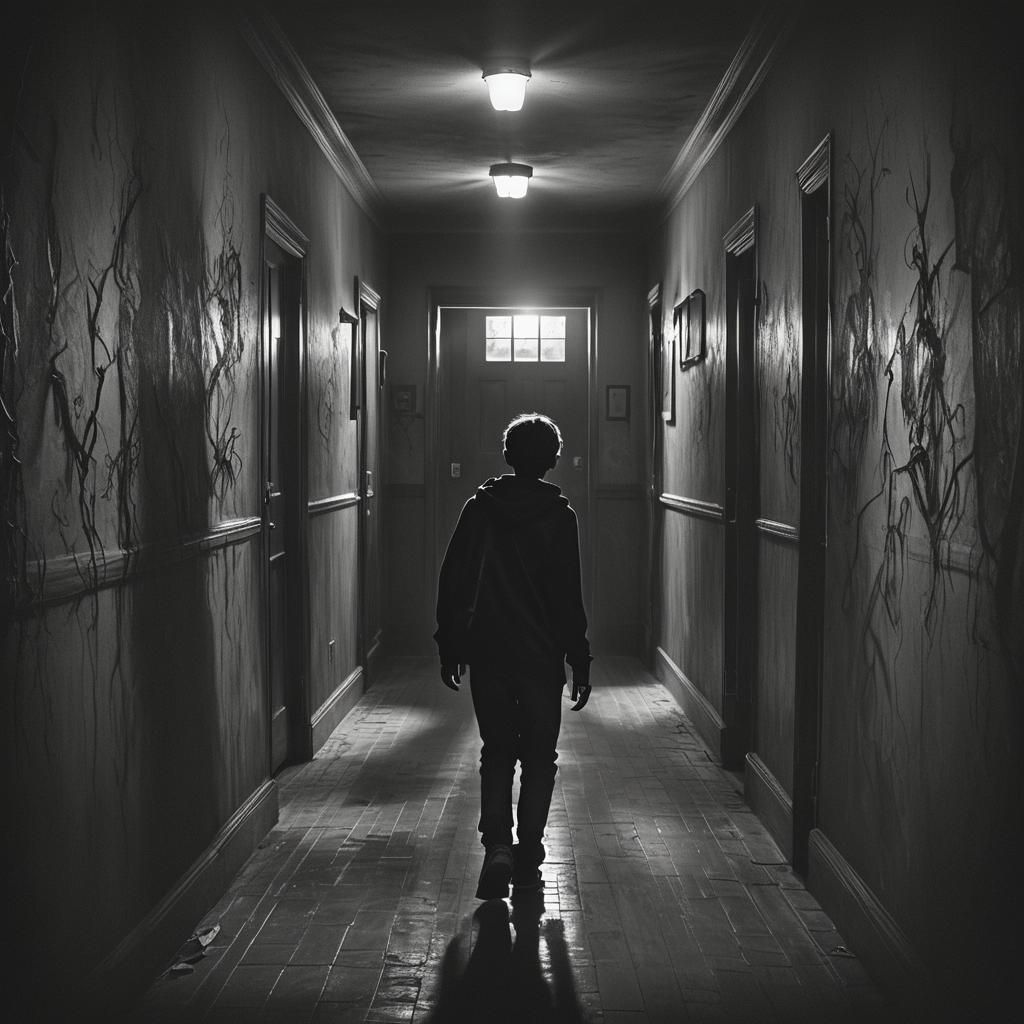 Boy Fleeing from Shadows in Dark Hallway