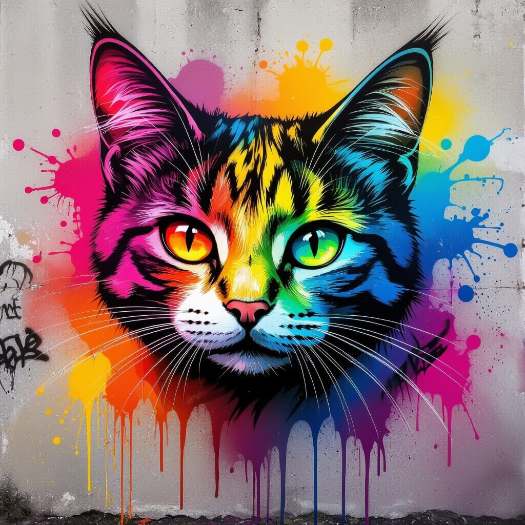 Flying Cat Graffiti Art With Vibrant Colors