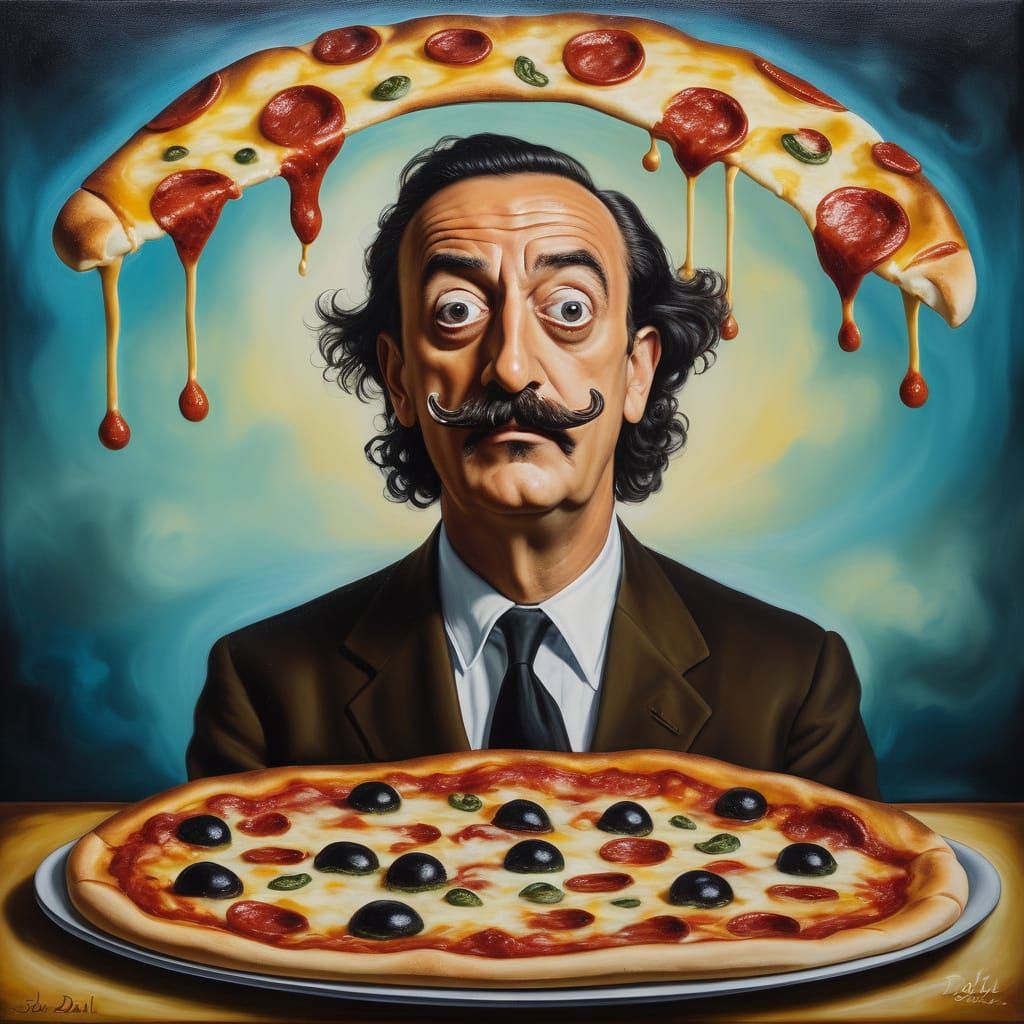 Surreal Pizzeria with Dali-esque Pizzaiolo, Oil Painting