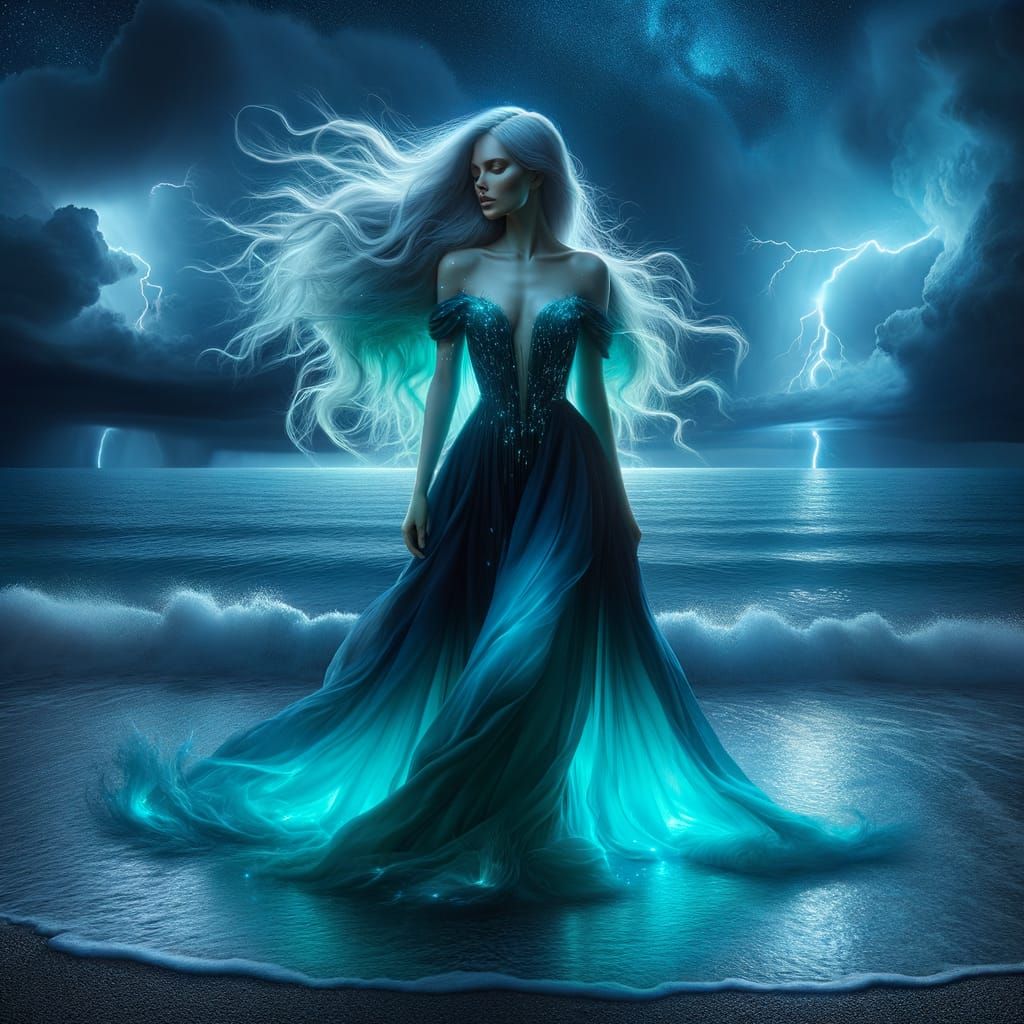 Hyperrealistic Woman on Ocean Shore in Storm