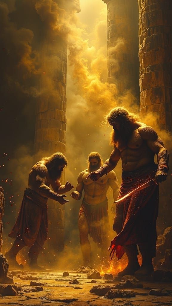 Ancient Gods Clash in Epic Temple Battle in Dark Oil Paint