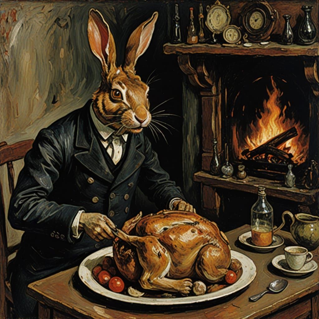 Surreal Rabbit Encounter Inspired by Expressionist Masters