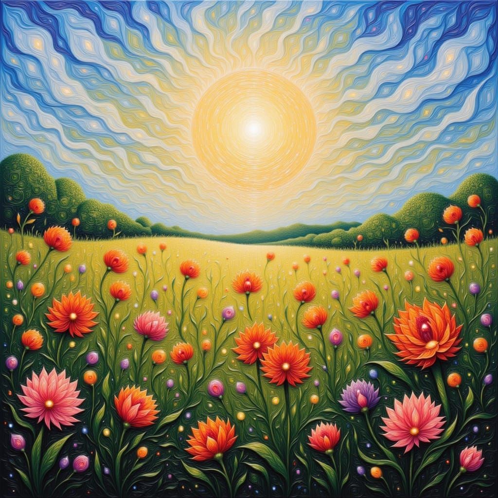 Garden Florals Under a Swirling Sky