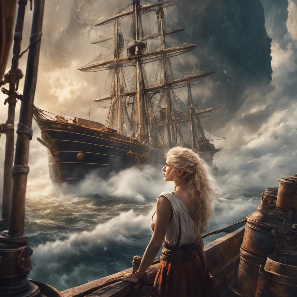 Fantasy Archeologist Watching Ship Arrive Through Vortex