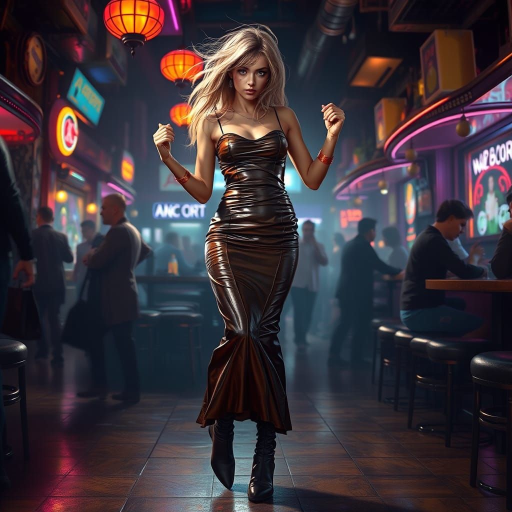 Emotional Woman Dancing in Retro Bar, Dark Fantasy Art